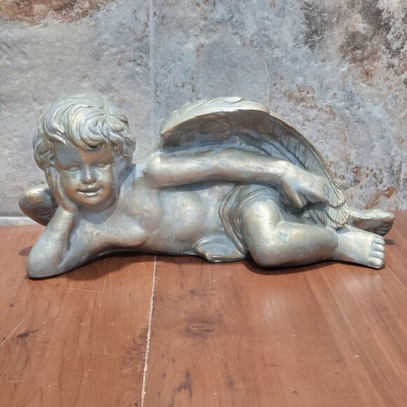 Gold Resin Shelf Lying Cherub Angel Figure Gold Faux Aged Patina